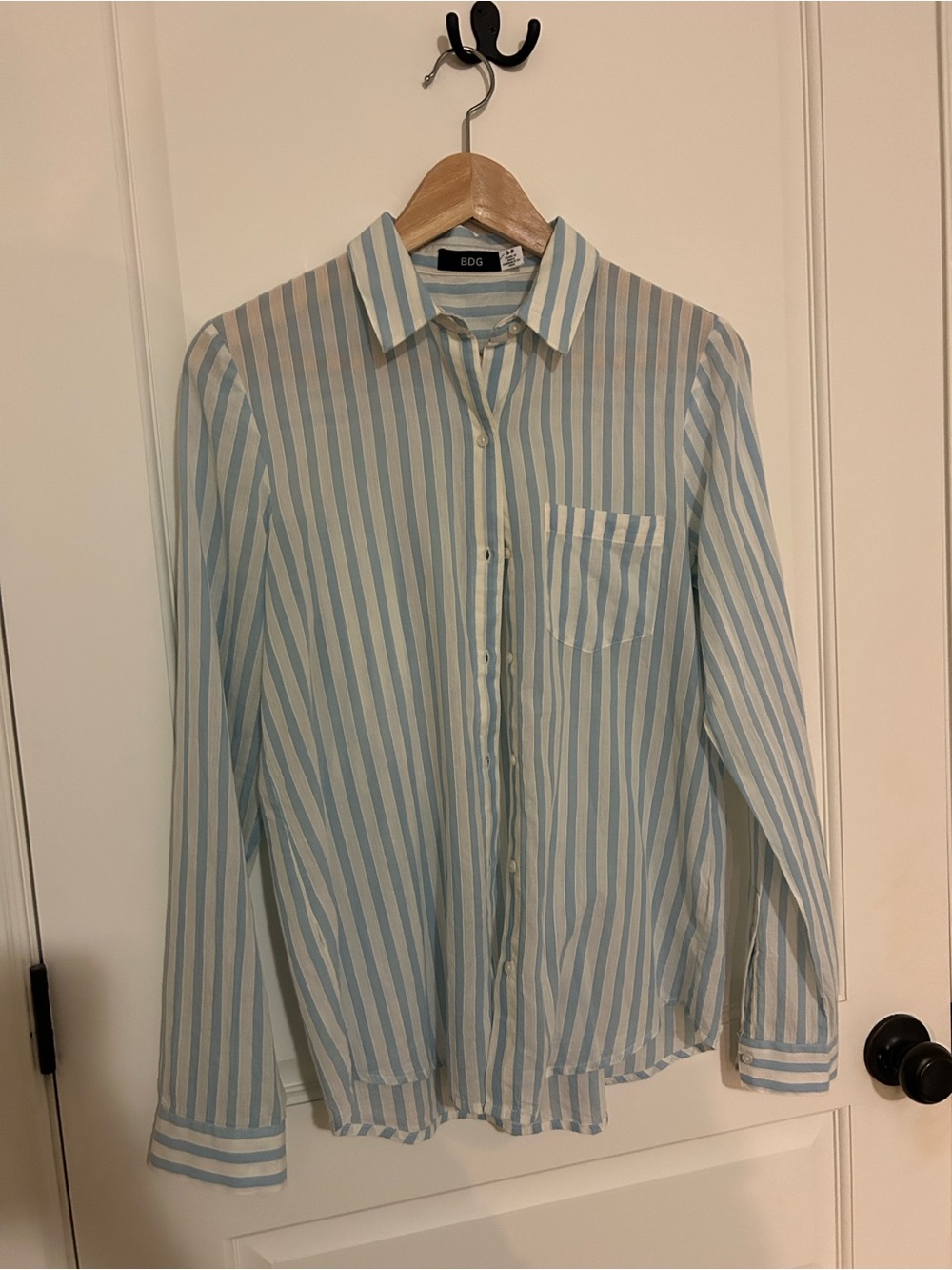 BDG Women's Light Blue and White Striped Button-Up Shirt - Size S/P